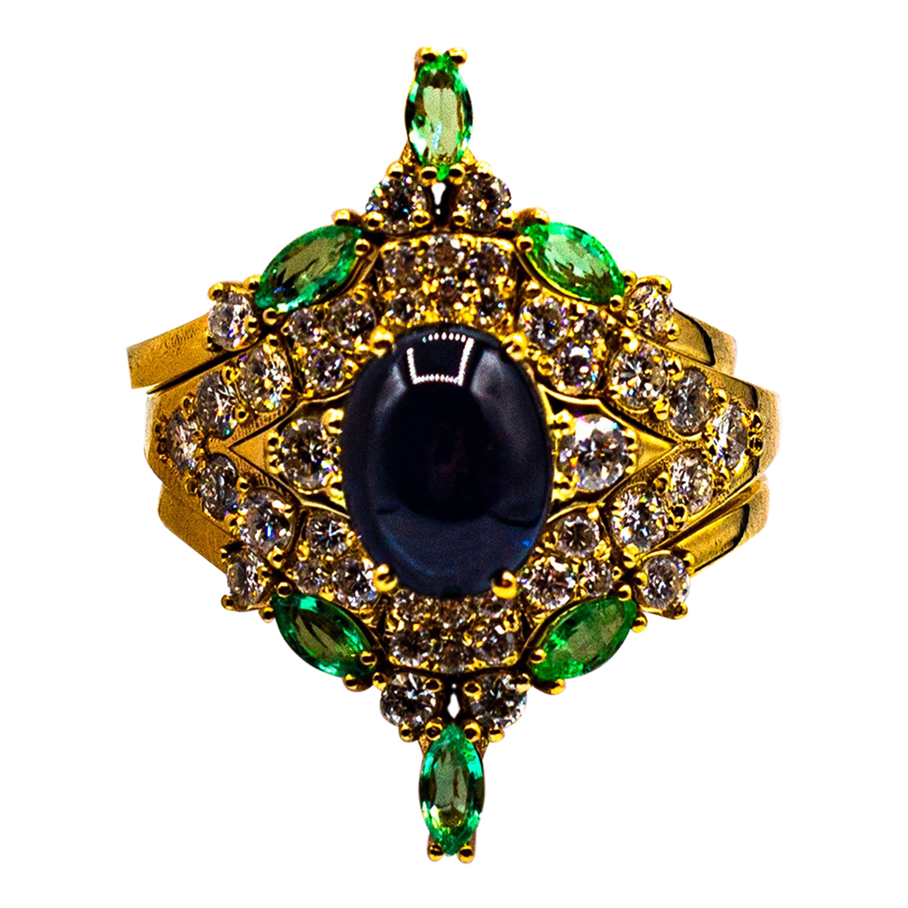 Art Deco Emerald White Diamond Sapphire Yellow Gold Triple Cocktail Ring Set