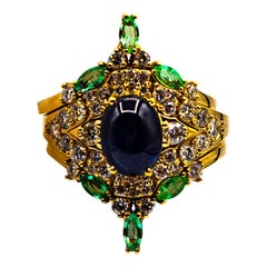 Art Deco Emerald White Diamond Sapphire Yellow Gold Triple Cocktail Ring Set