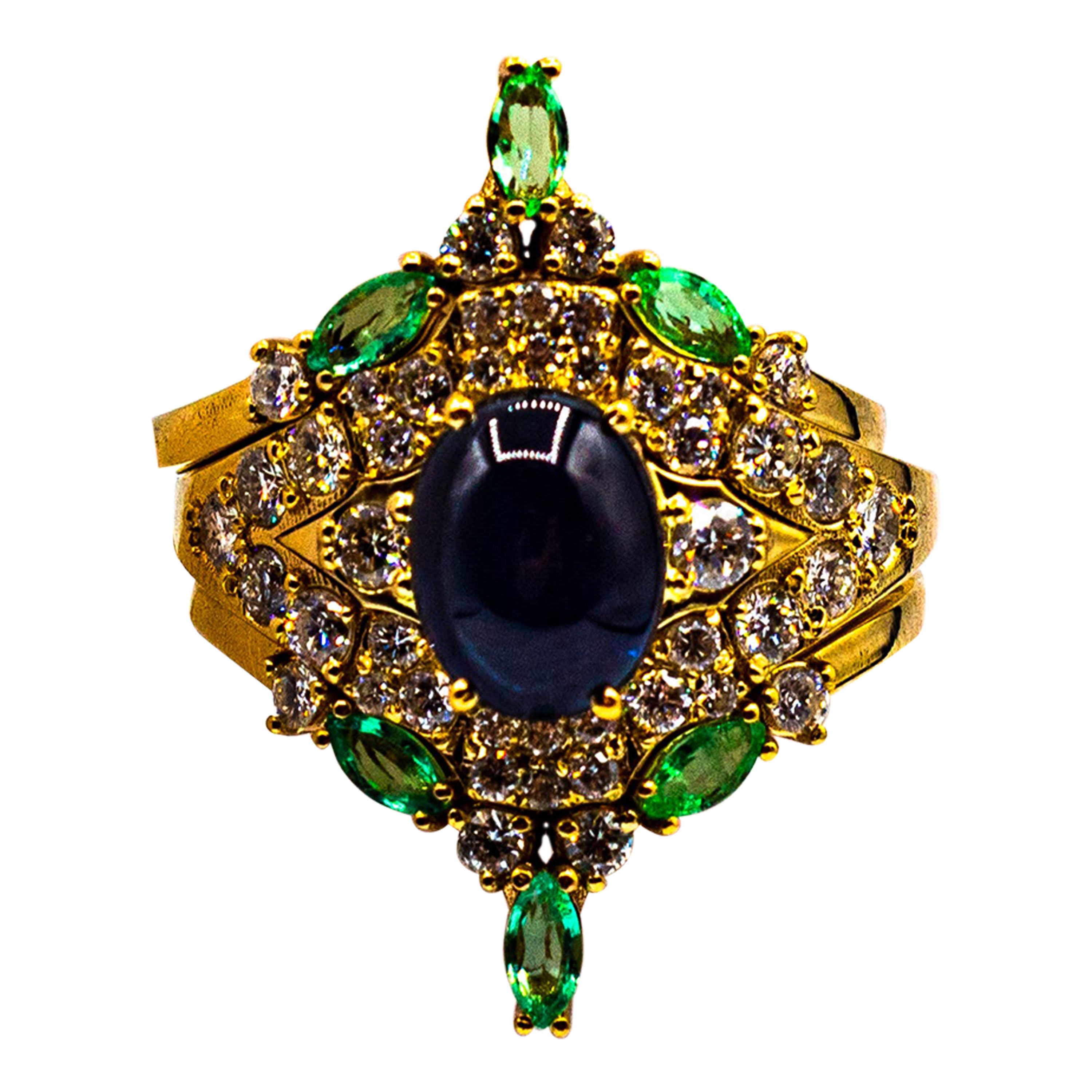 Art Deco Emeraude Blanc Diamant Saphir Or Jaune Triple Bague Cocktail