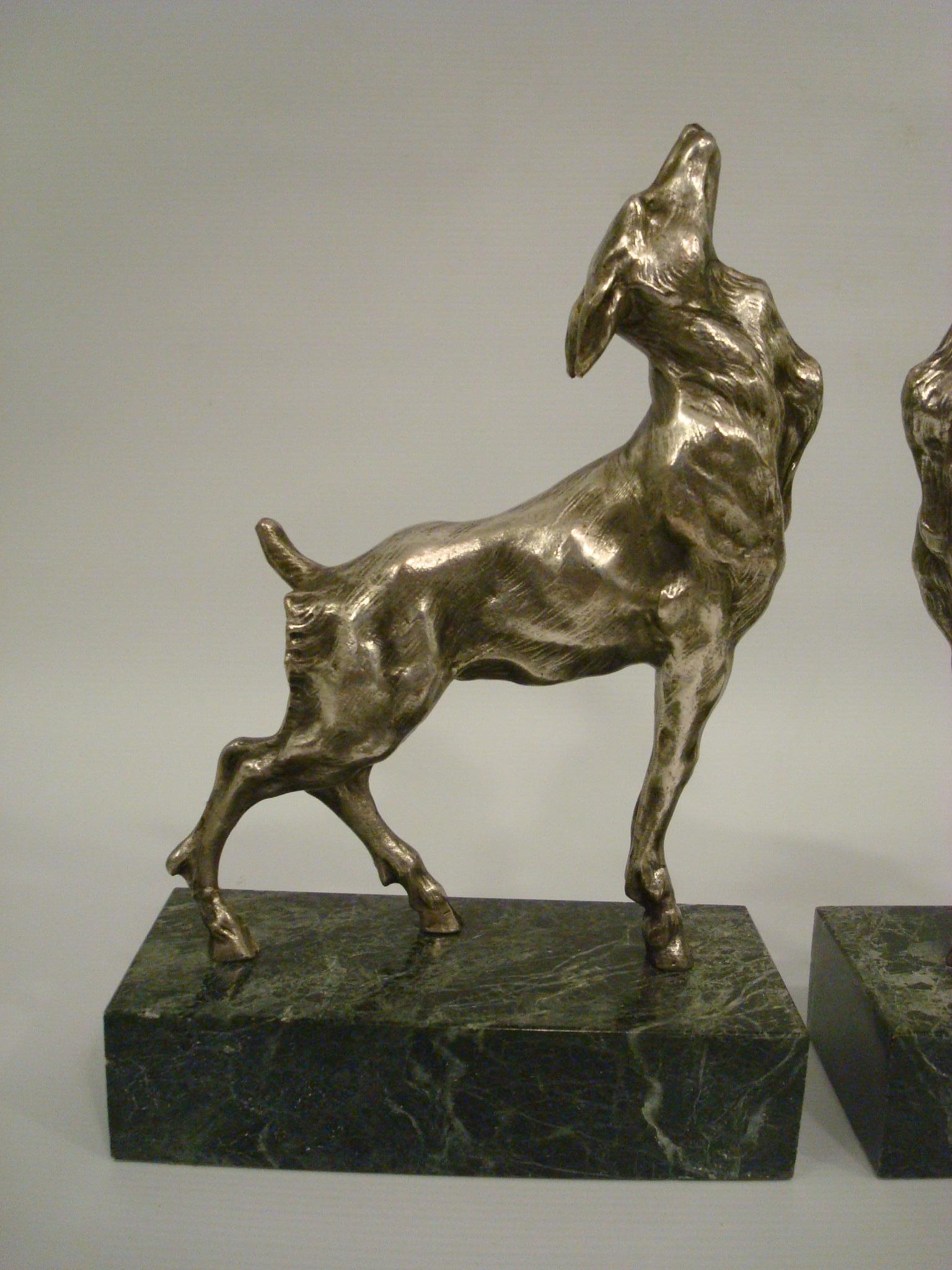 Silvered Art Deco Emile Carlier Figural Goat Bookends, France 1925