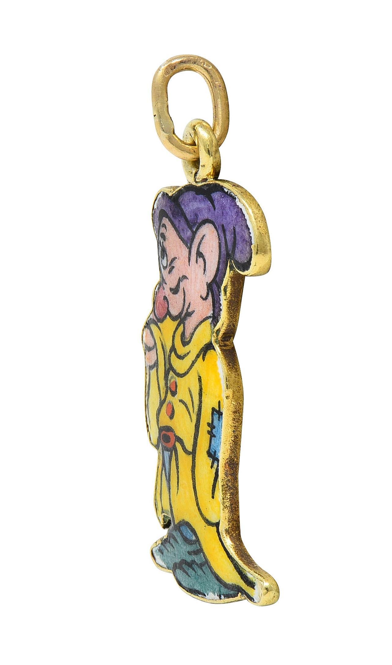 Designed as the Disney cartoon character Dopey from the 1937 film 'Snow White and the Seven Dwarfs'
Depicted standing sheepishly in oversized colorful attire illustrated by painted enamel
Glossed with opaque & bright multicolor enamel - minimal
