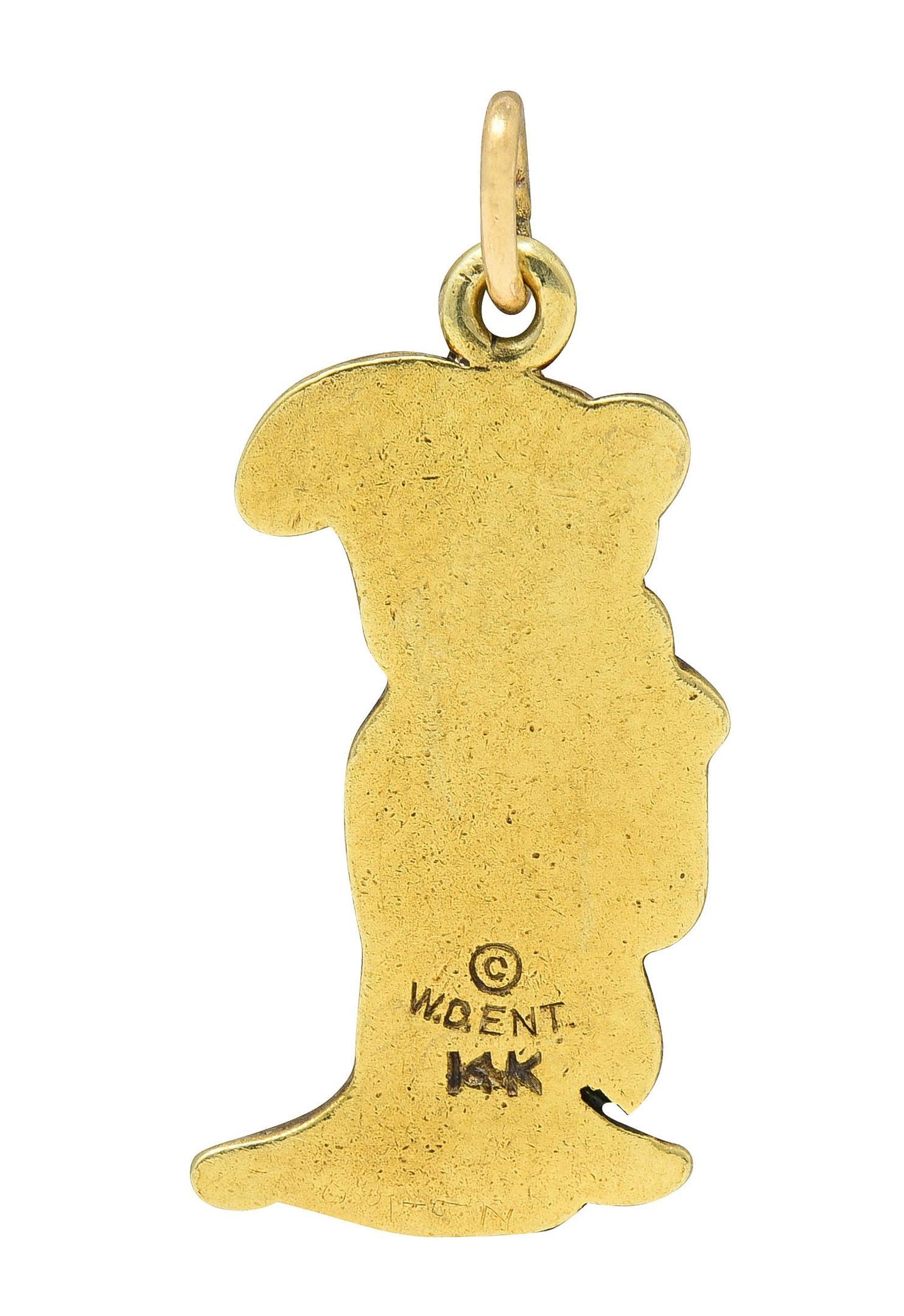Art Deco Enamel 14 Karat Gold Dopey Snow White Seven Dwarfs Vintage Disney Charm In Excellent Condition In Philadelphia, PA