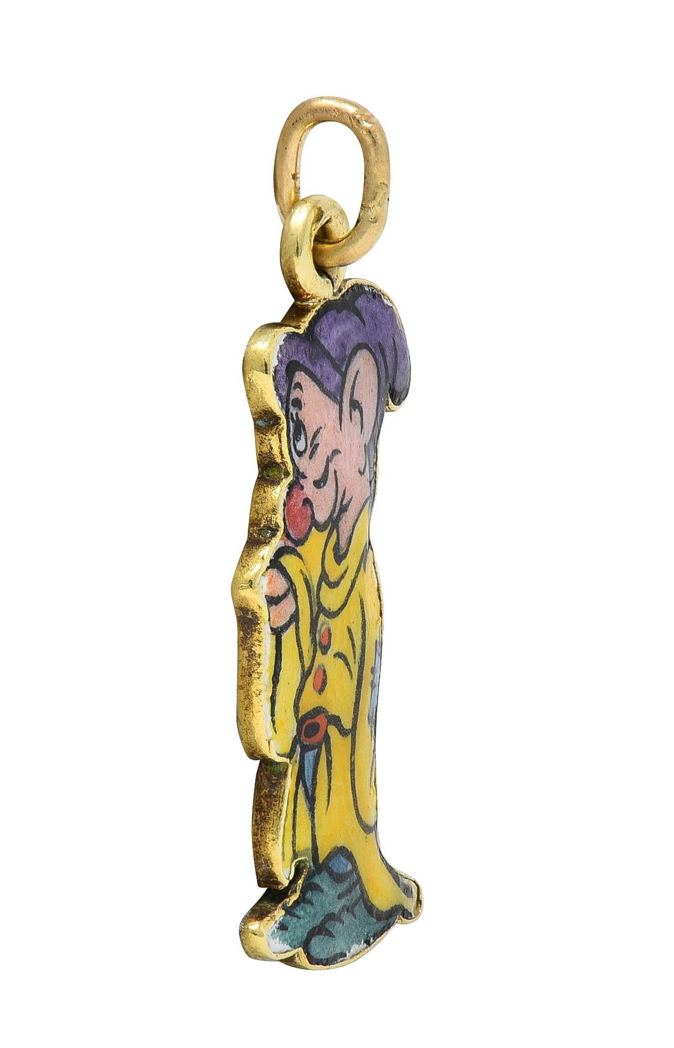 Women's or Men's Art Deco Enamel 14 Karat Gold Dopey Snow White Seven Dwarfs Vintage Disney Charm