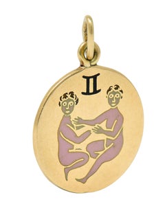 Art Deco Enamel 14 Karat Gold Gemini Zodiac Charm