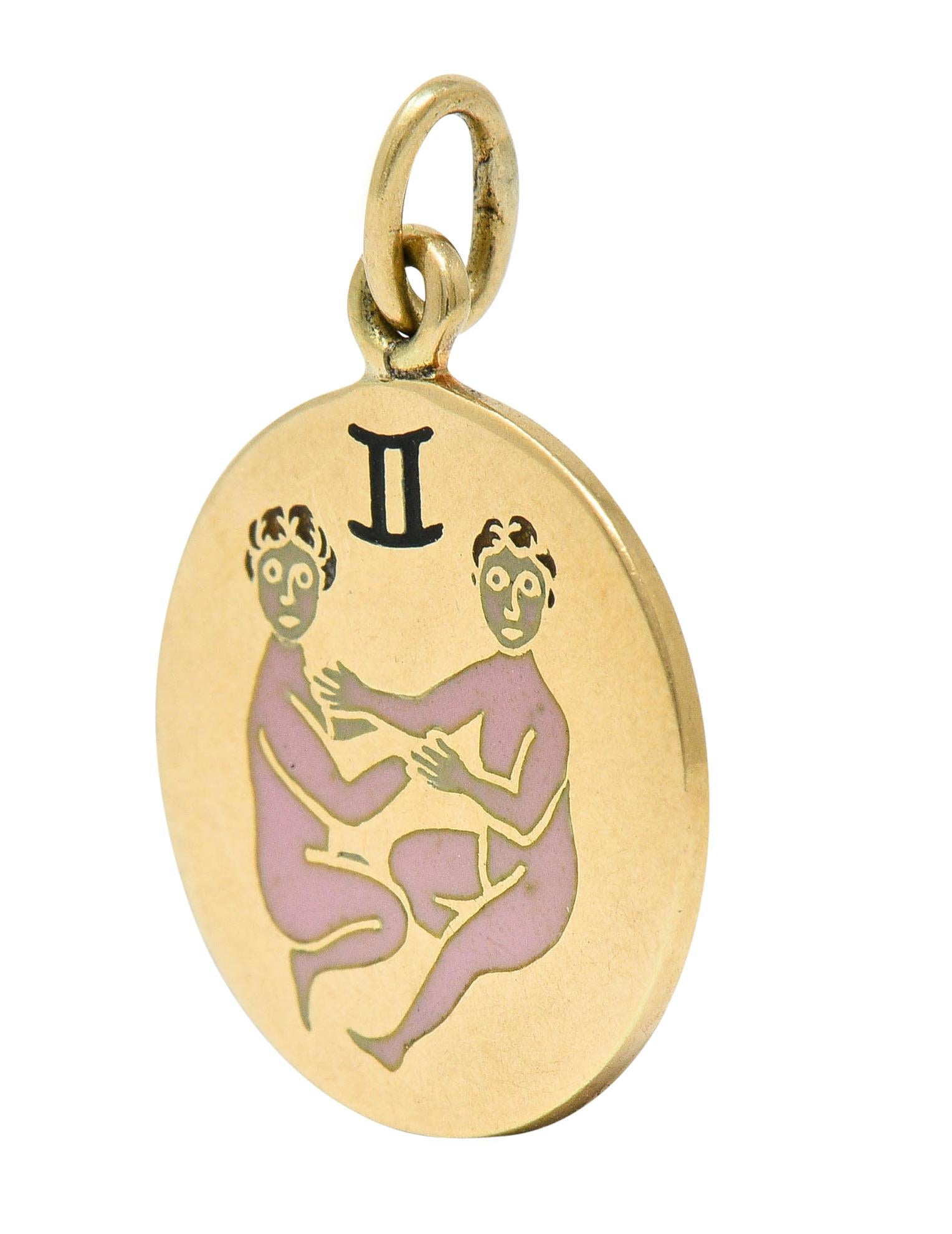 Women's or Men's Art Deco Enamel 14 Karat Gold Gemini Zodiac Charm