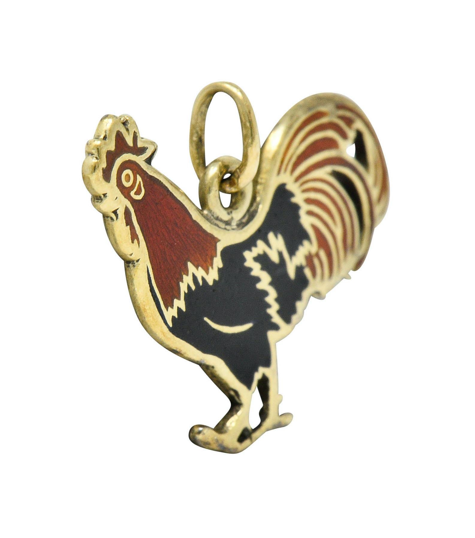 Art Deco Enamel 14 Karat Gold Rooster Charm In Excellent Condition In Philadelphia, PA