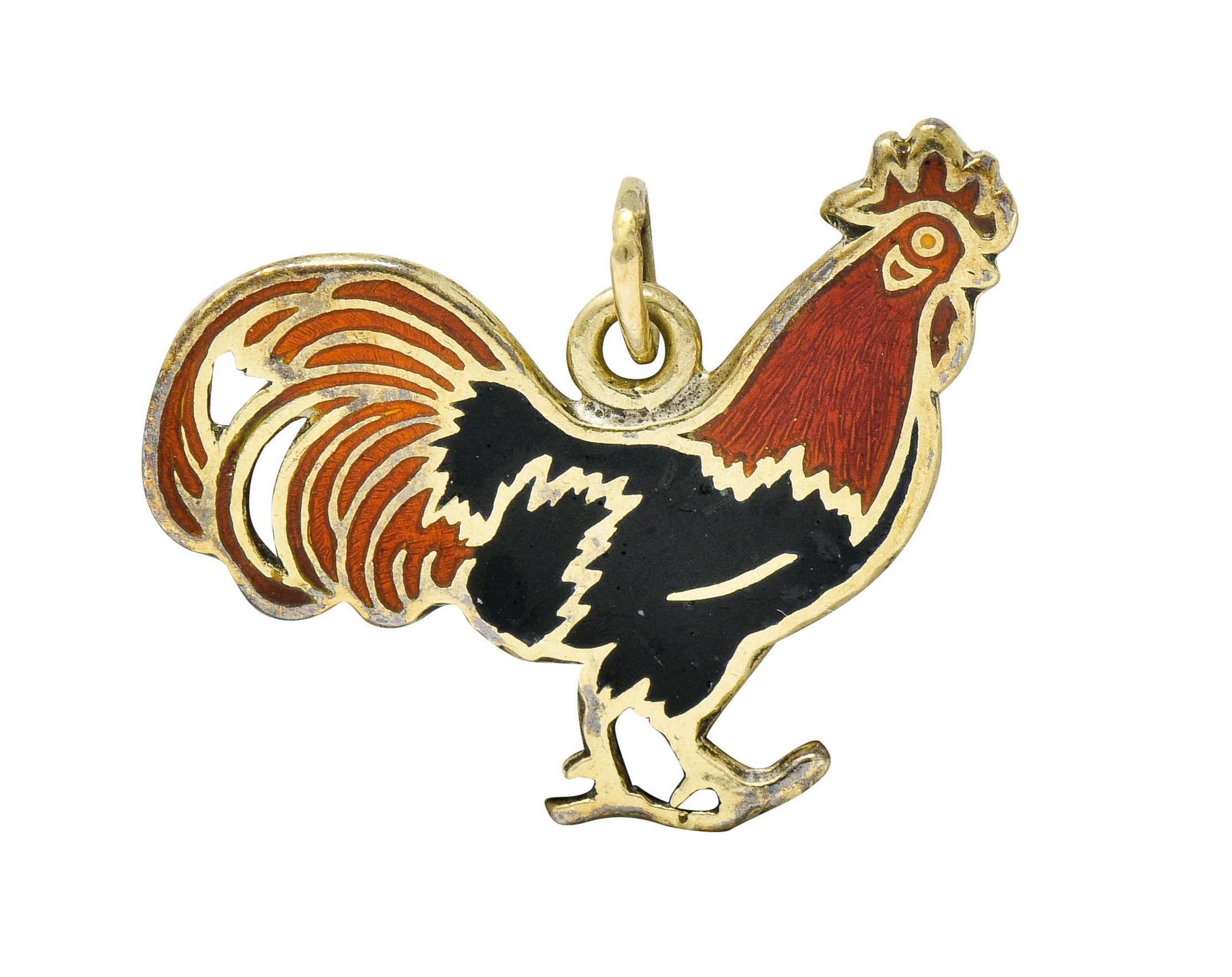 Women's or Men's Art Deco Enamel 14 Karat Gold Rooster Charm