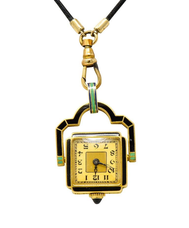 Art Deco Enamel 18 Karat Gold Antique Watch Lariat Necklace For Sale at ...