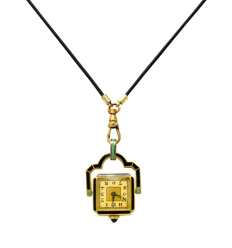Art Deco Enamel 18 Karat Gold Antique Watch Lariat Necklace For Sale at ...