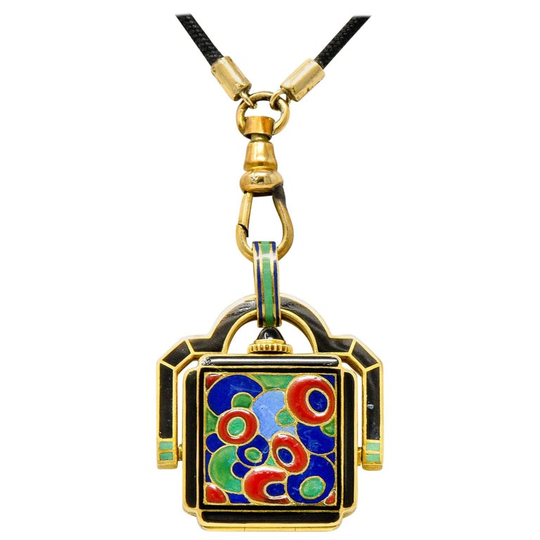 Art Deco Enamel 18 Karat Gold Antique Watch Lariat Necklace For Sale at ...