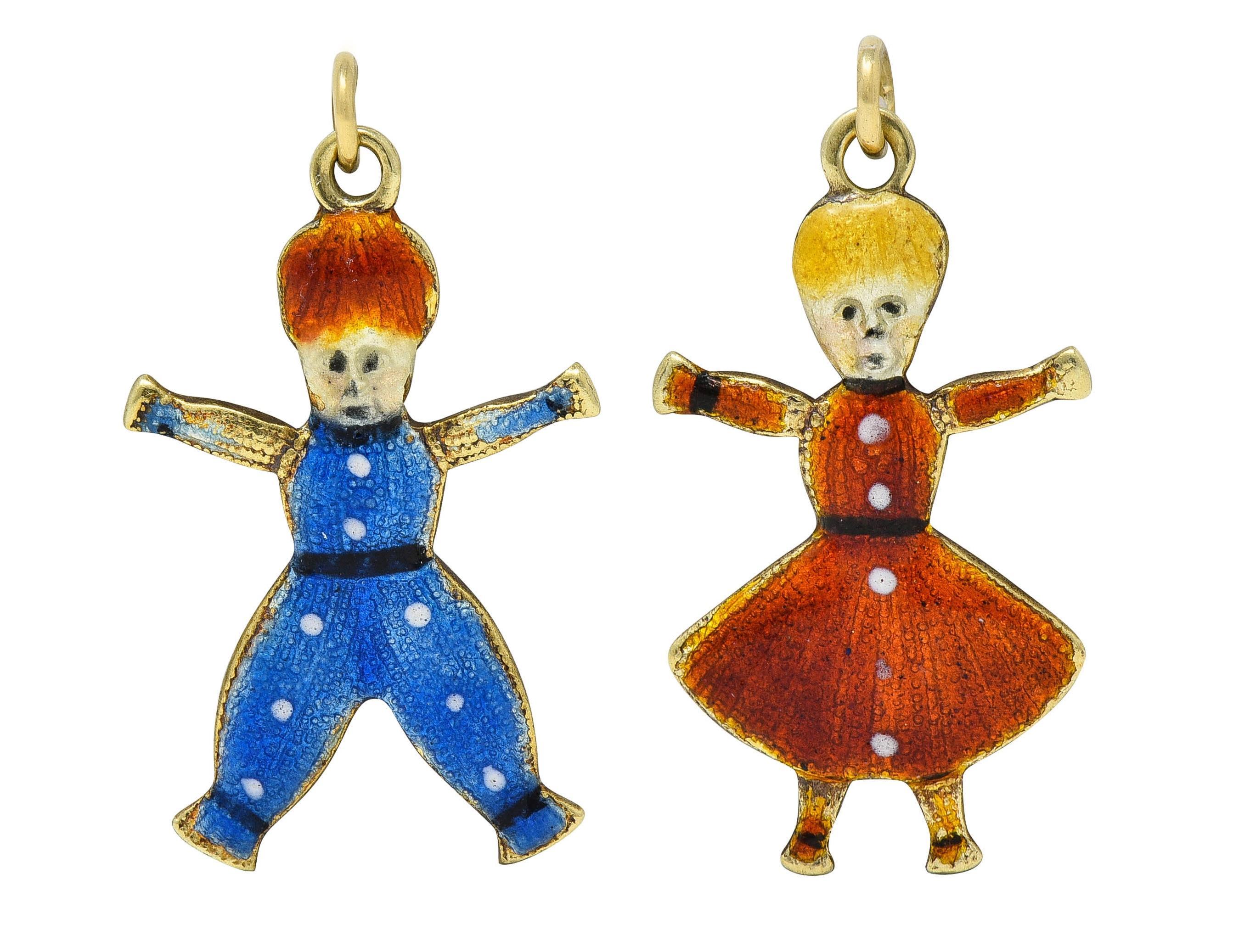 Art déco Charms Art Déco en or jaune 18 carats avec deux enfants Antique 1920 en vente