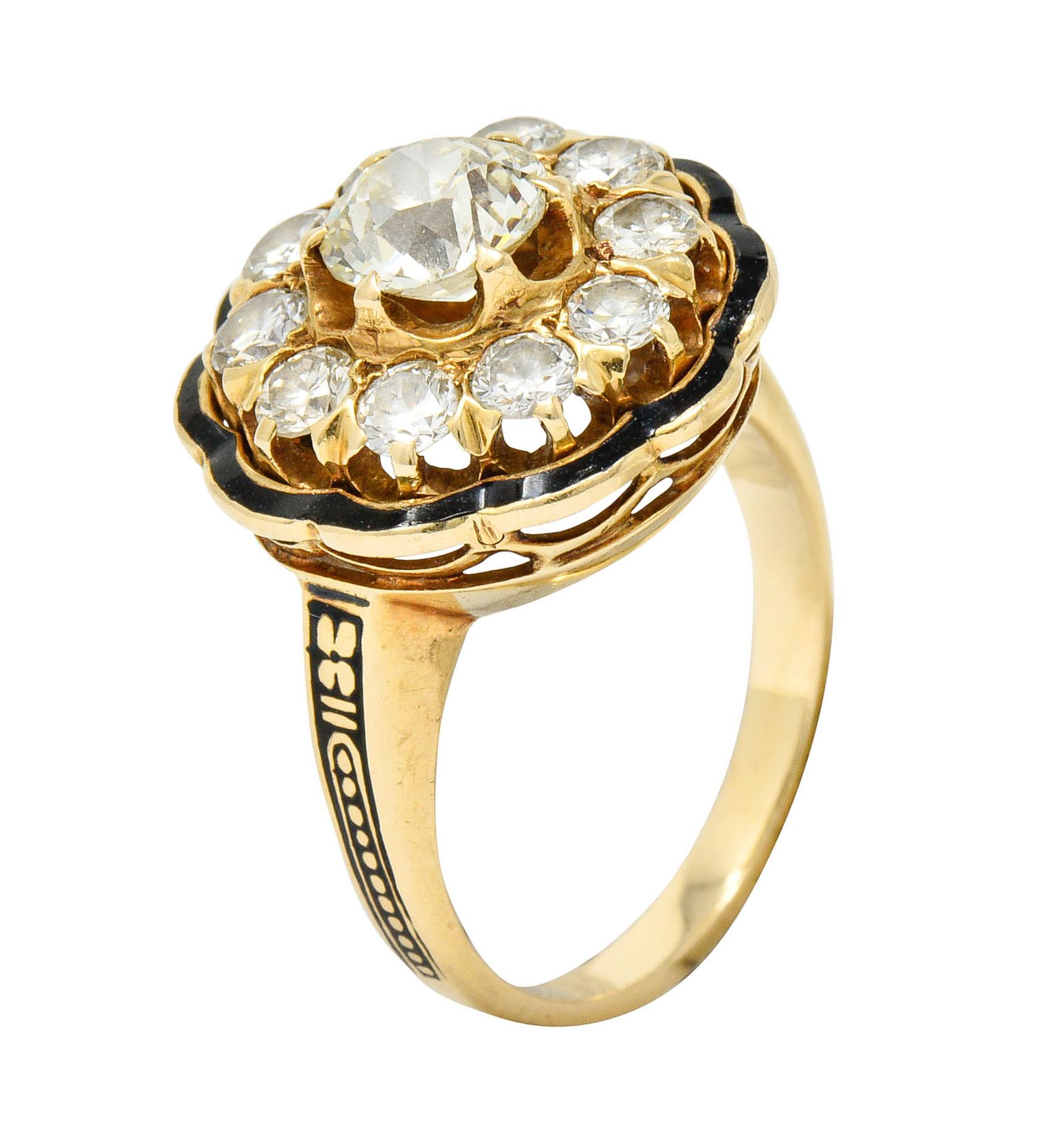 Art Deco Enamel 2.20 Carats Diamond 14 Karat Gold Cluster Ring In Excellent Condition In Philadelphia, PA