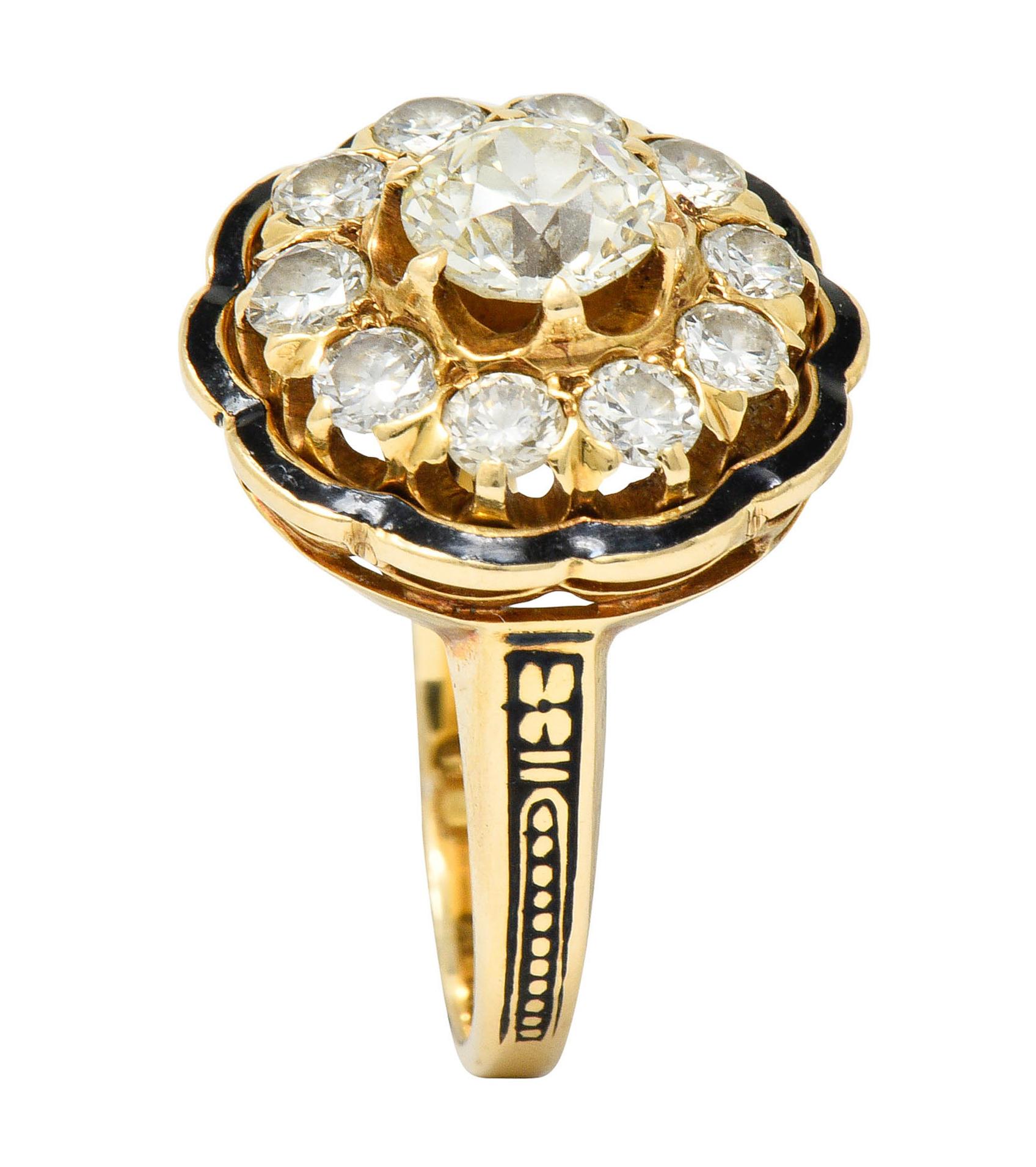 Women's or Men's Art Deco Enamel 2.20 Carats Diamond 14 Karat Gold Cluster Ring