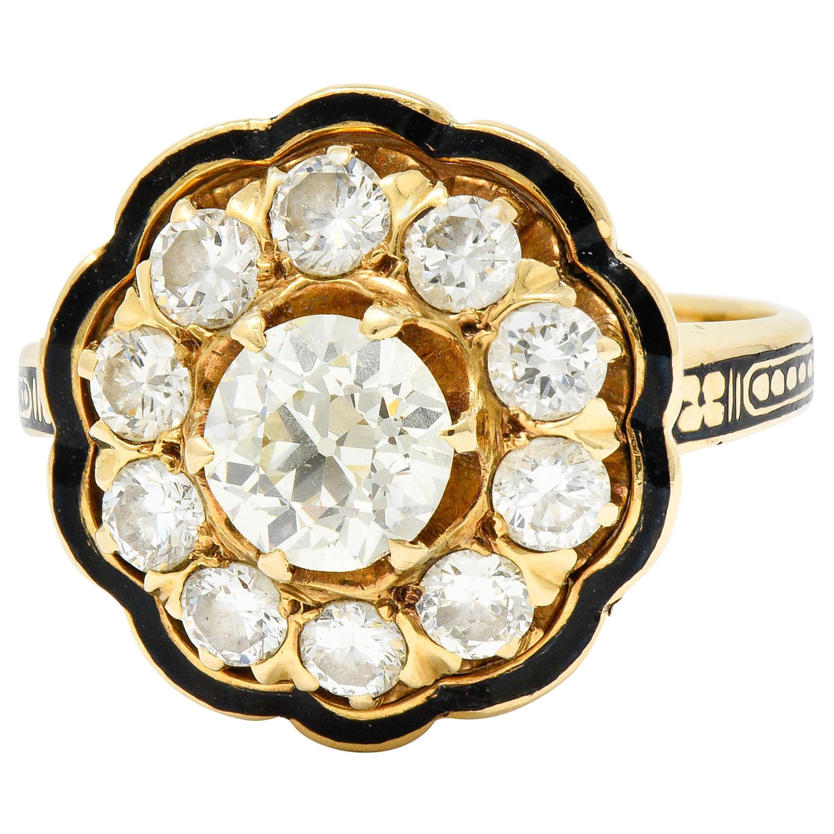 Art Deco Enamel 2.20 Carats Diamond 14 Karat Gold Cluster Ring