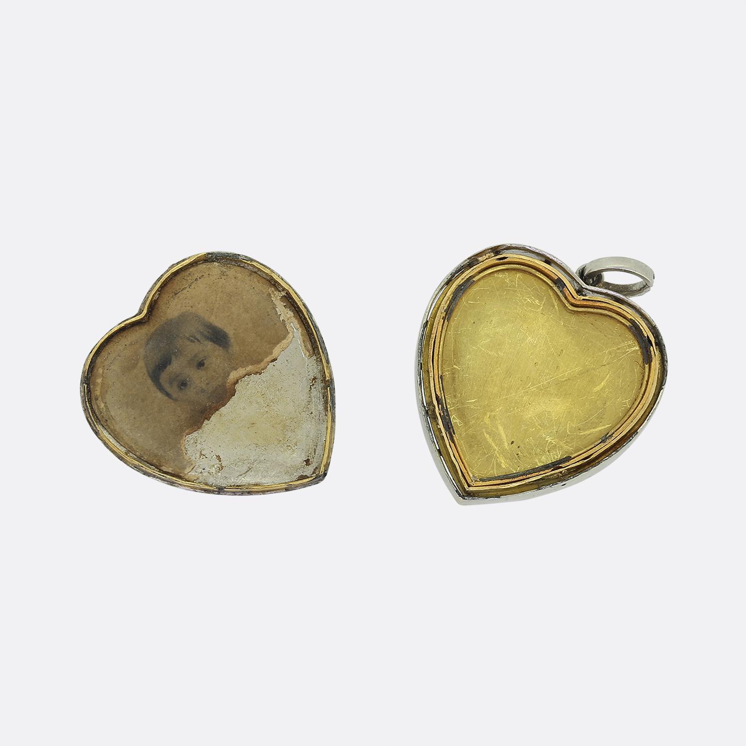 Old Mine Cut Art Deco Enamel and Diamond Heart Locket Pendant For Sale