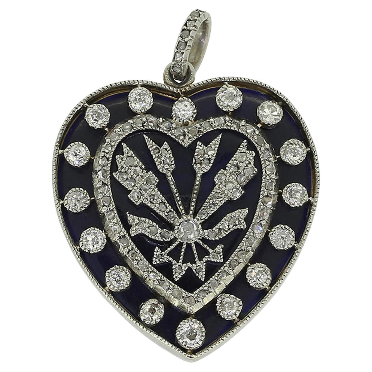Art Deco Enamel and Diamond Heart Locket Pendant For Sale