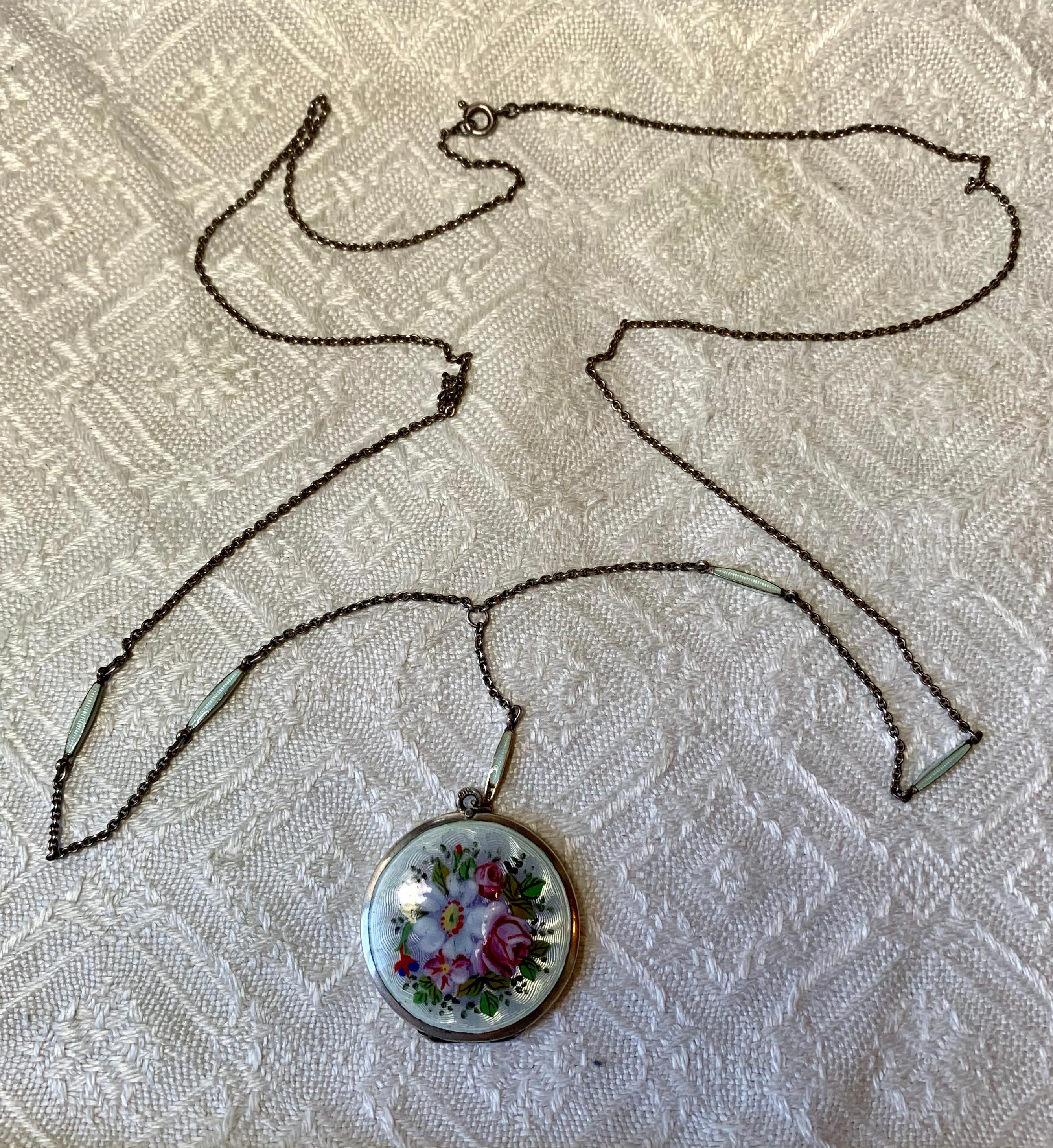 Women's Edwardian Enamel and Sterling Flower Locket on Original Enamel Chain Necklace