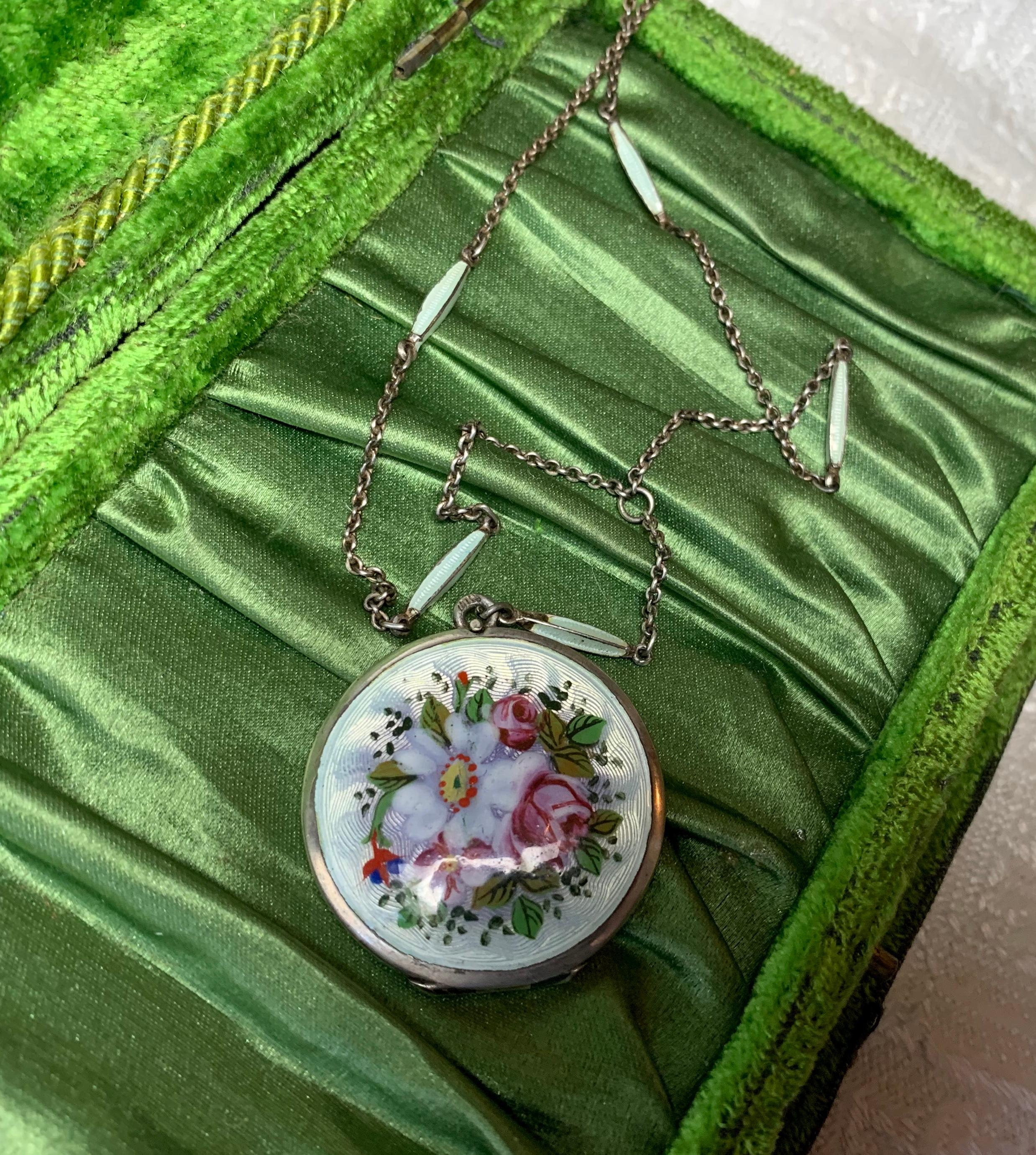 Edwardian Enamel and Sterling Flower Locket on Original Enamel Chain Necklace 1