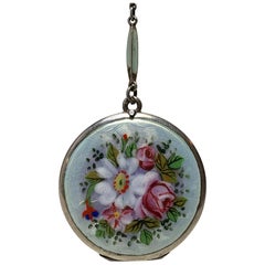 Edwardian Enamel and Sterling Flower Locket on Original Enamel Chain Necklace