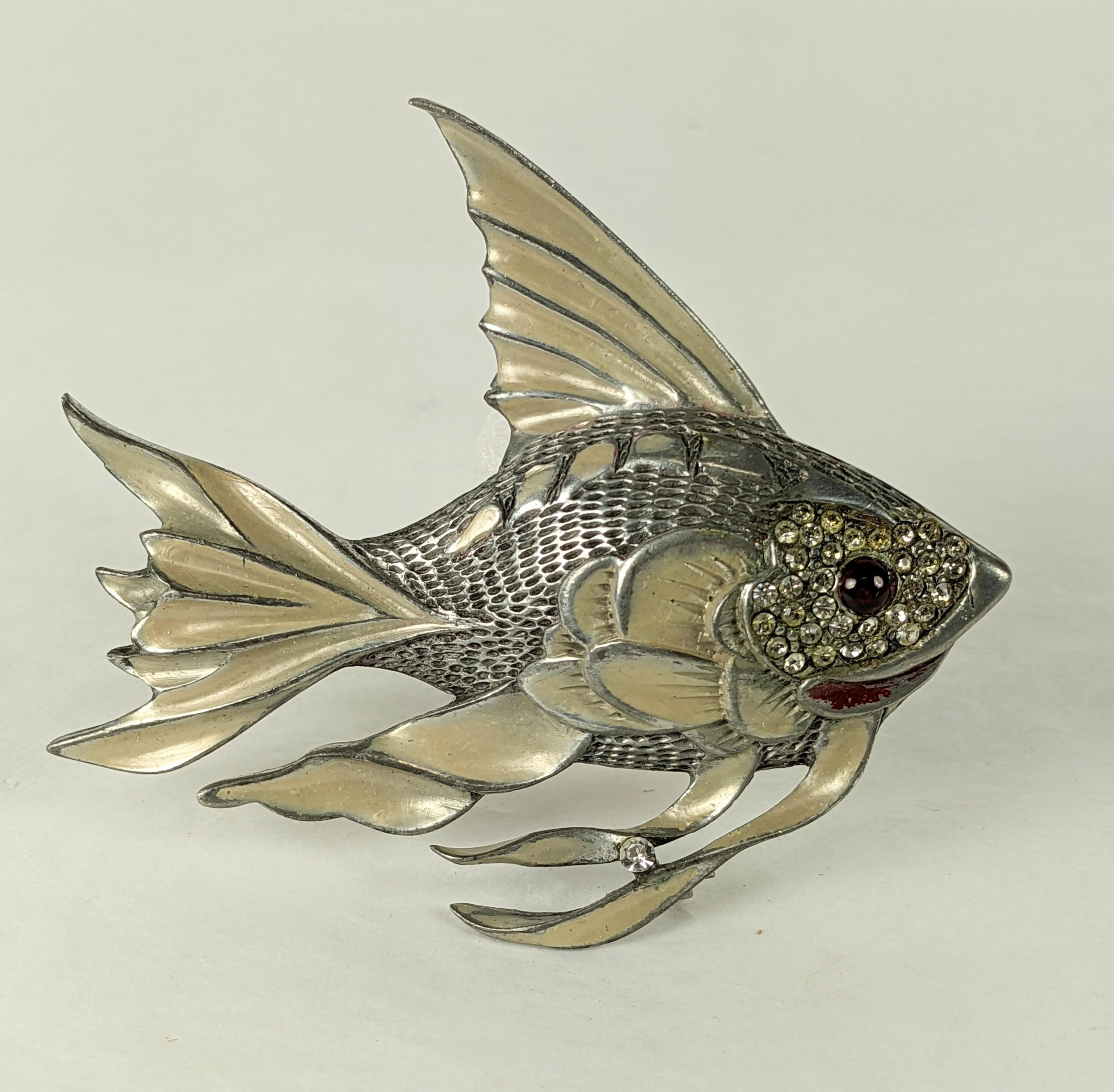 Art Deco Enamel Angel Fish Brooch from the 1930's. Large in scale with pearlized cream enamel with ruby glass cab eye. High quality fantasy costume jewelry from the Art Deco Period. 1930's USA.  3.5