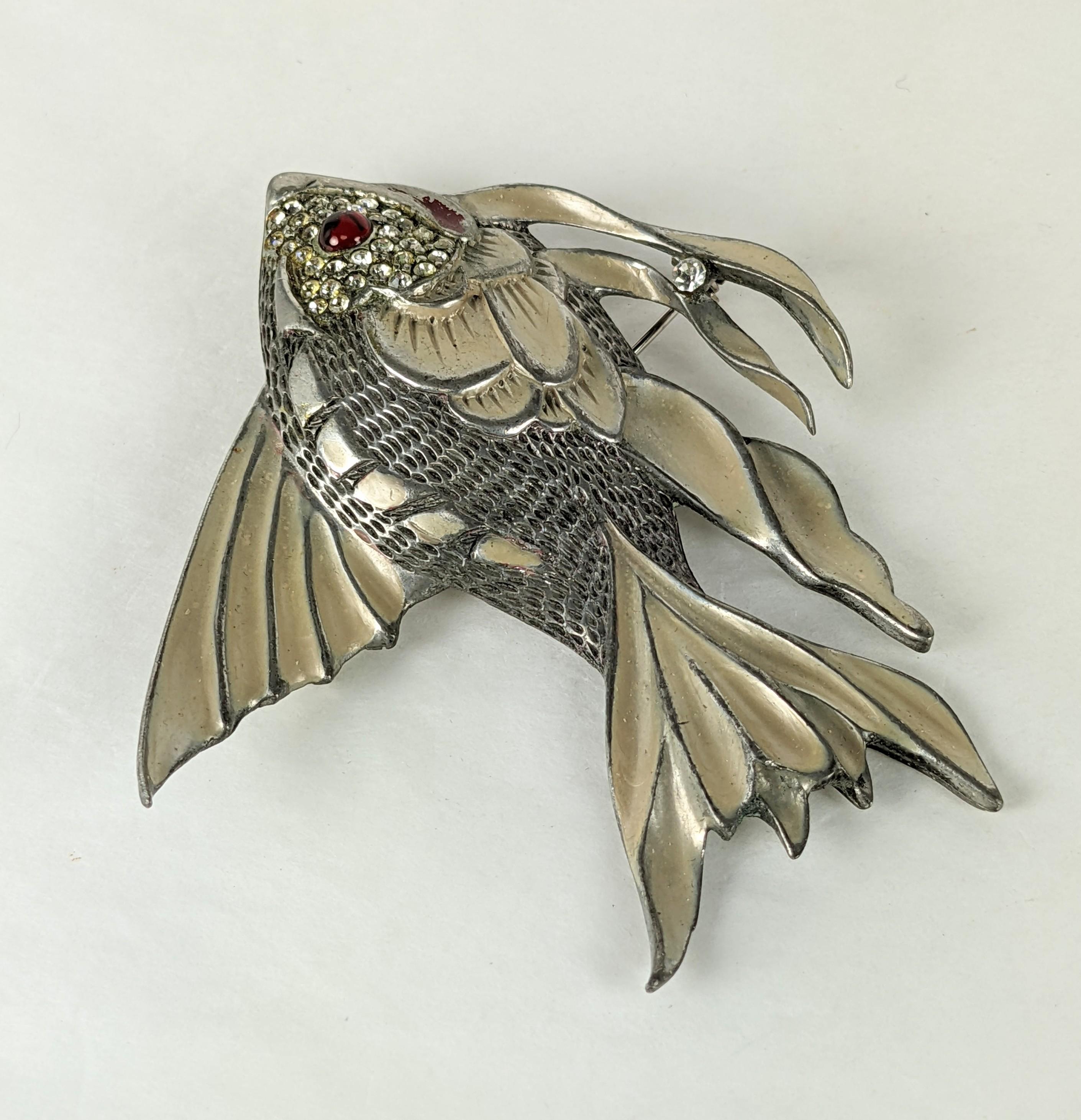 Women's or Men's Art Deco Enamel Angel Fish Brooch For Sale