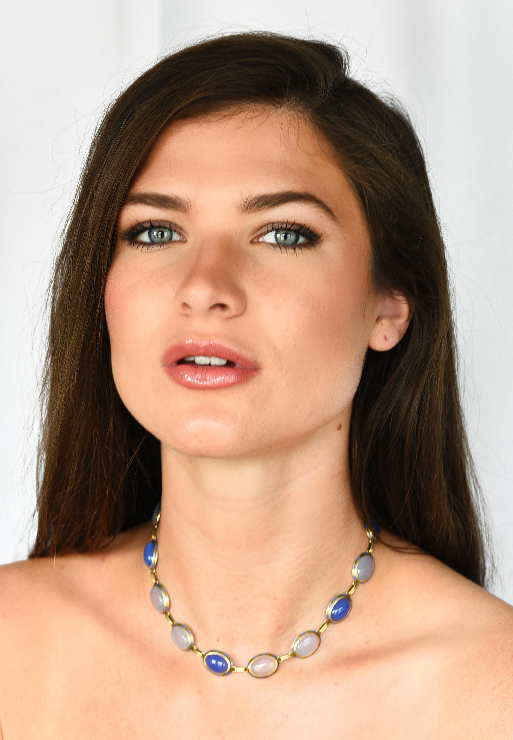 Art Deco Enamel Blue Chalcedony 14 Karat Gold Gemstone Link Collar Necklace 5