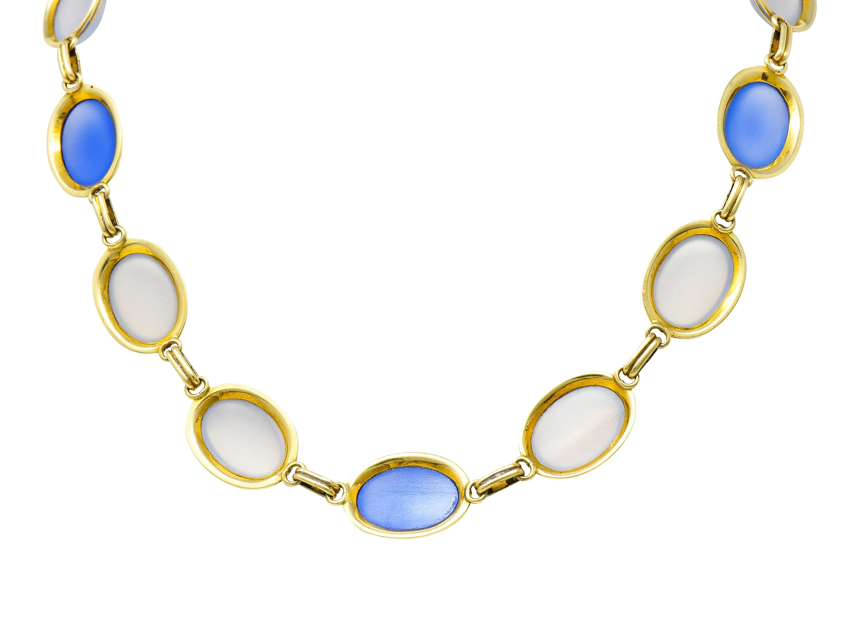 Cabochon Art Deco Enamel Blue Chalcedony 14 Karat Gold Gemstone Link Collar Necklace