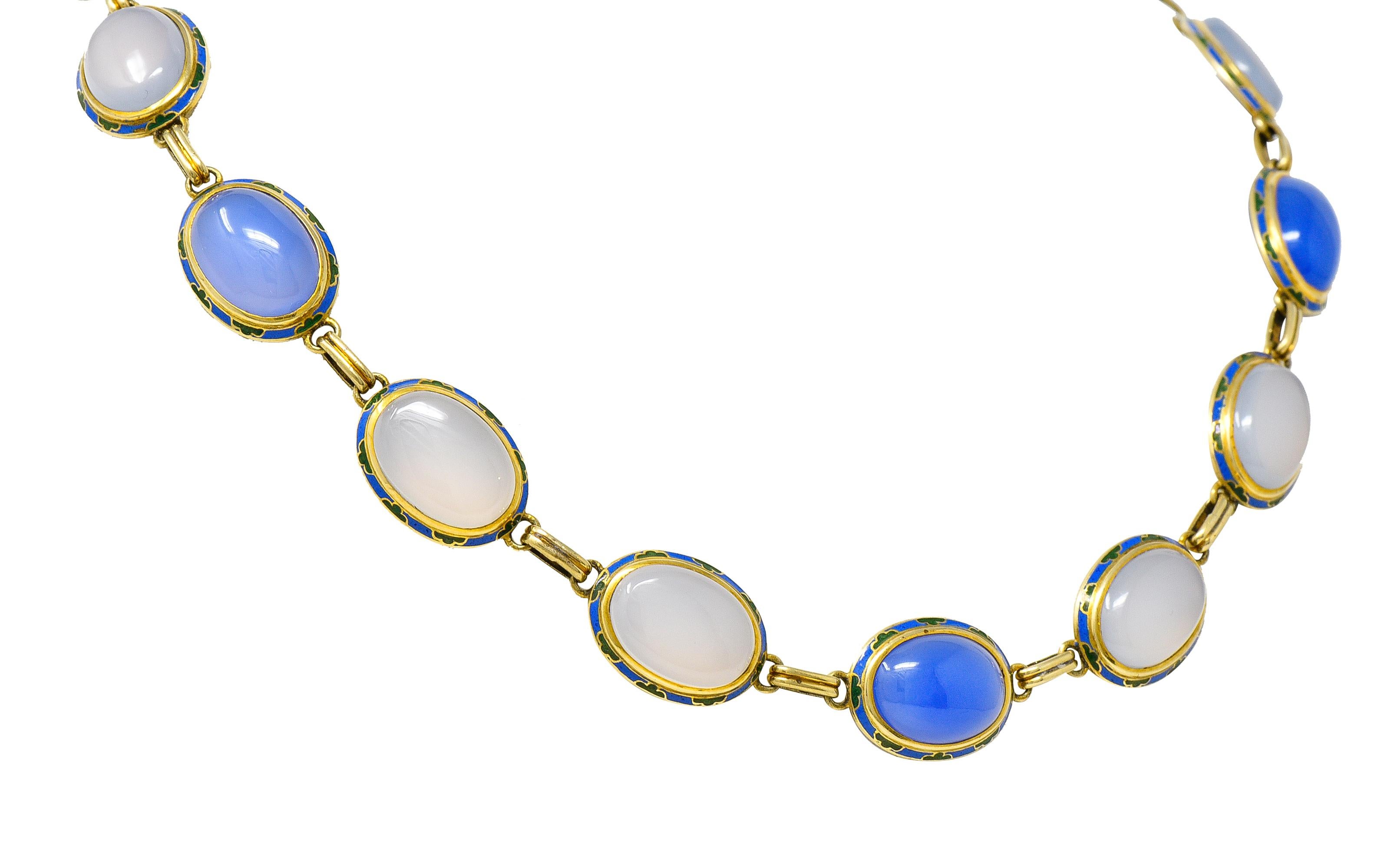 Art Deco Enamel Blue Chalcedony 14 Karat Gold Gemstone Link Collar Necklace In Excellent Condition In Philadelphia, PA