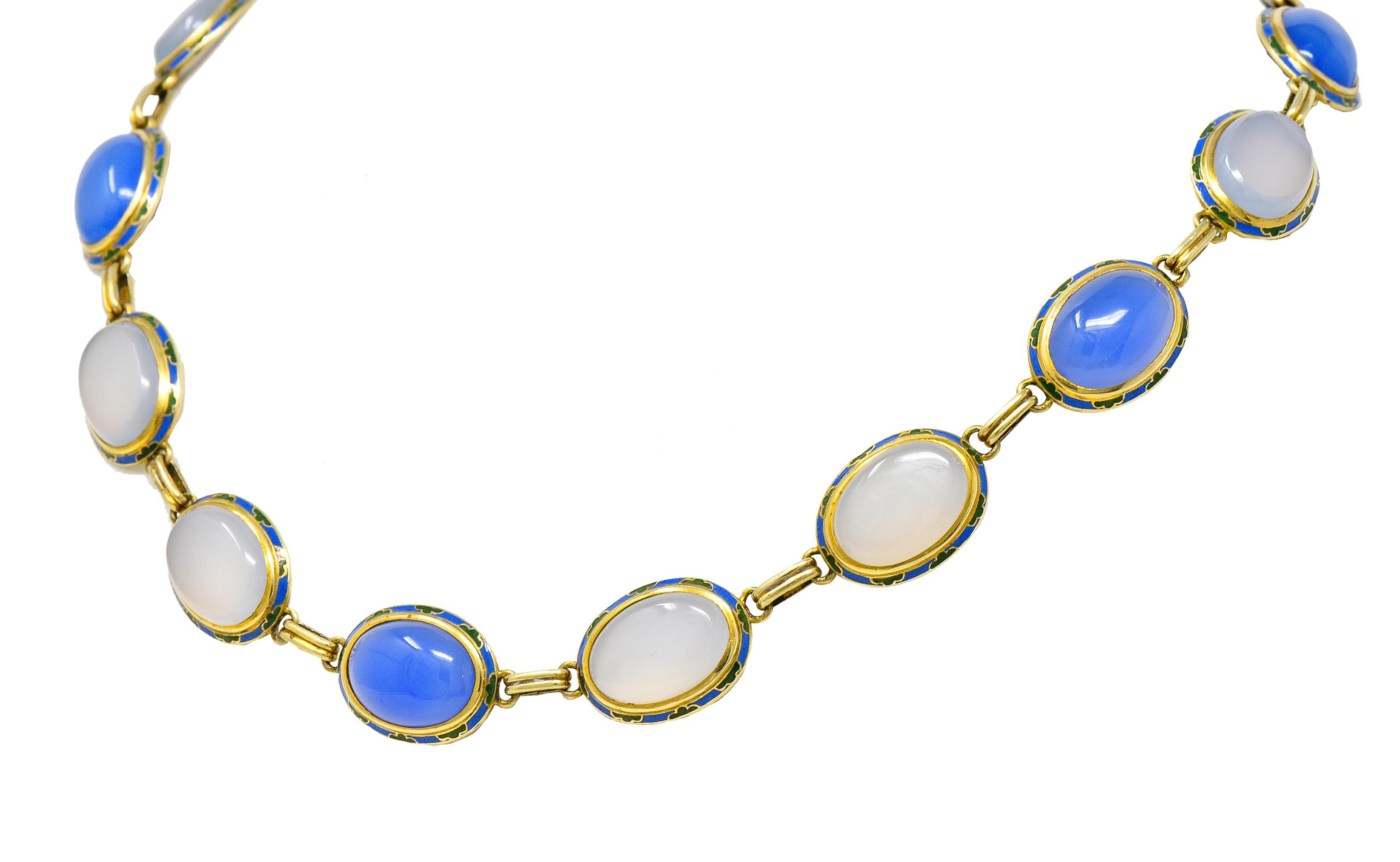 Women's or Men's Art Deco Enamel Blue Chalcedony 14 Karat Gold Gemstone Link Collar Necklace