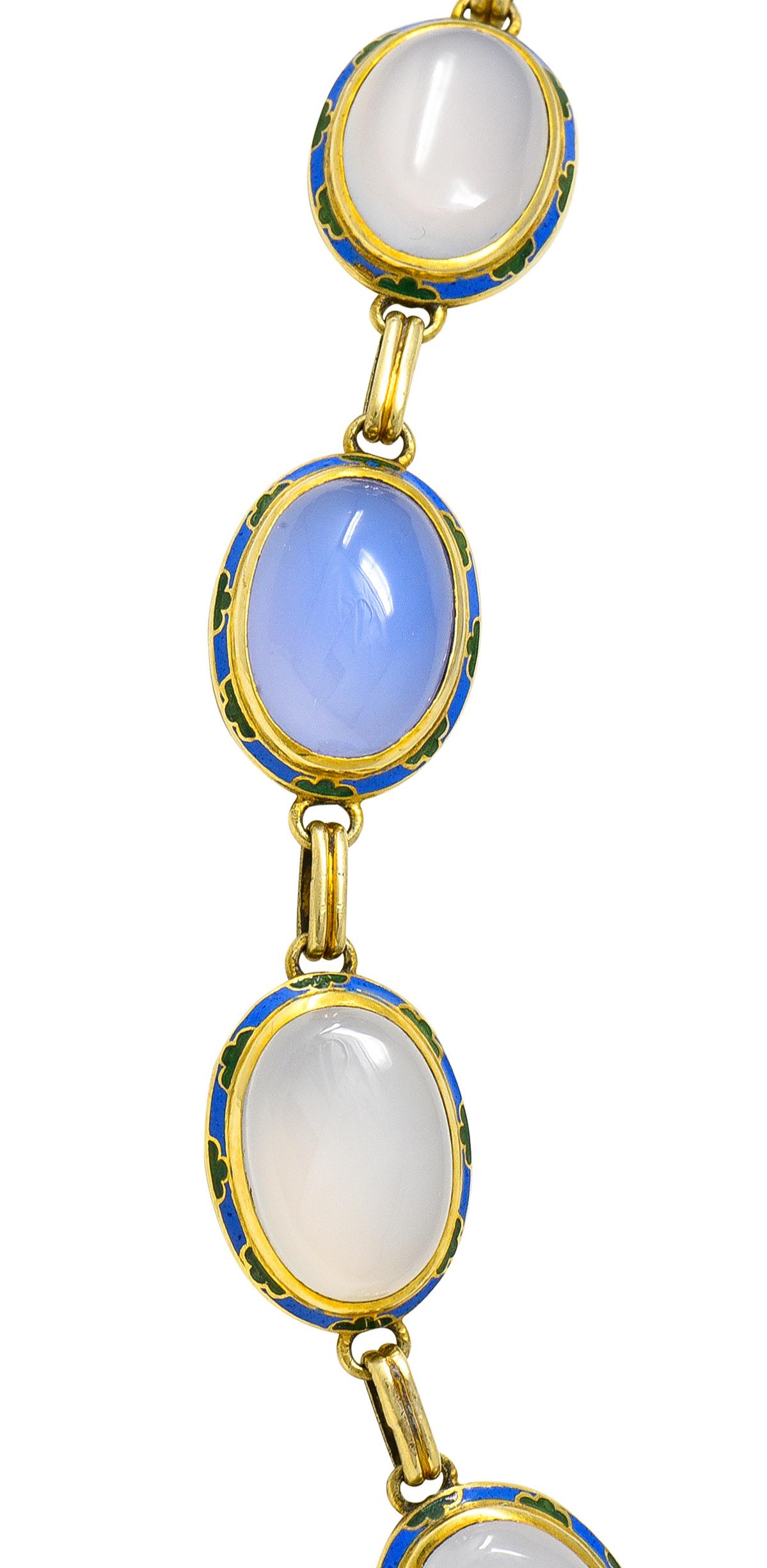 Art Deco Enamel Blue Chalcedony 14 Karat Gold Gemstone Link Collar Necklace 1