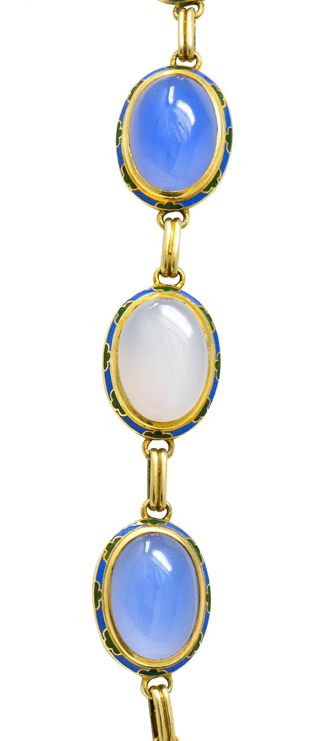 Art Deco Enamel Blue Chalcedony 14 Karat Gold Gemstone Link Collar Necklace 3