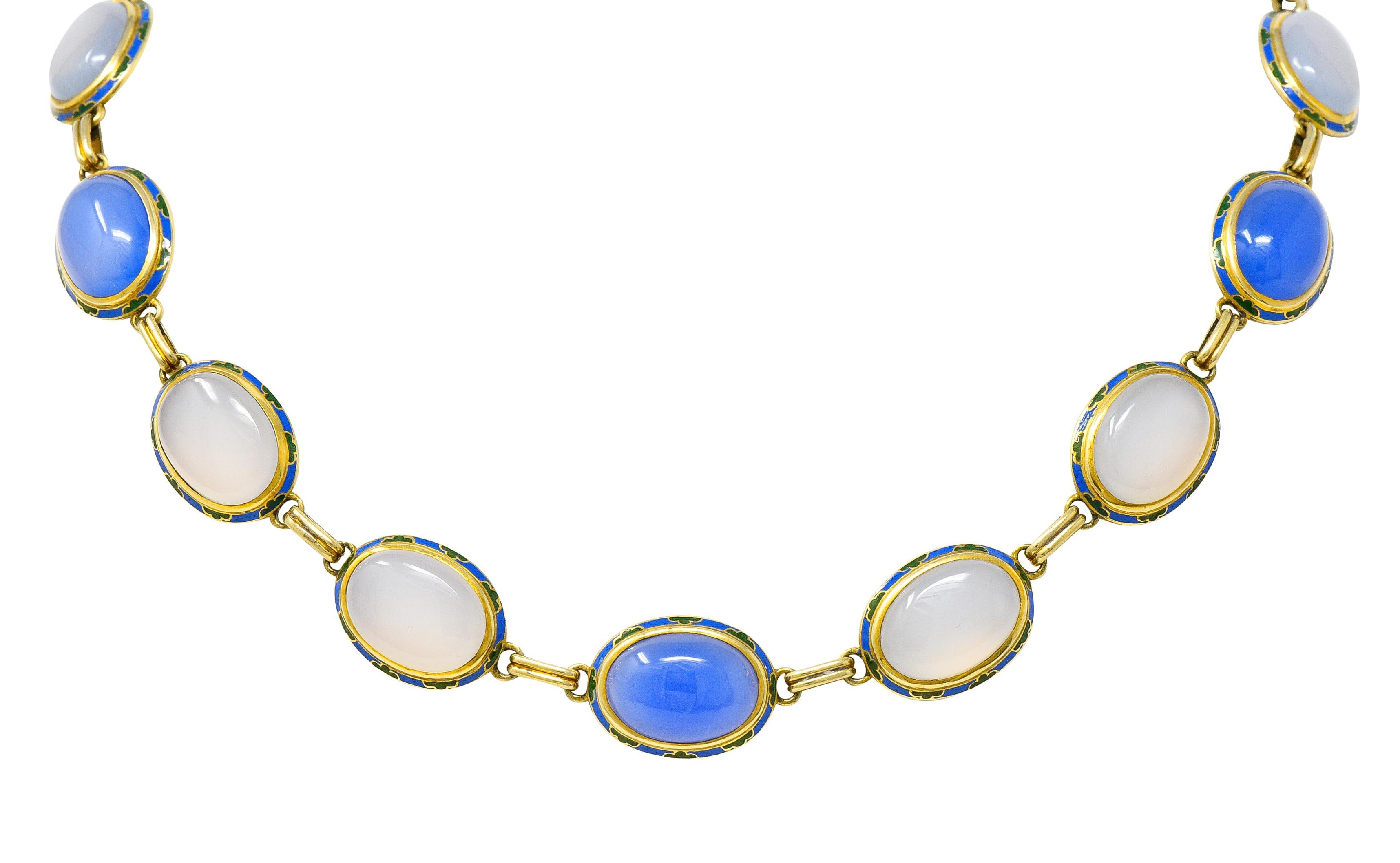 Art Deco Enamel Blue Chalcedony 14 Karat Gold Gemstone Link Collar Necklace 4