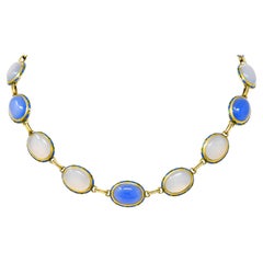 Antique Art Deco Enamel Blue Chalcedony 14 Karat Gold Gemstone Link Collar Necklace