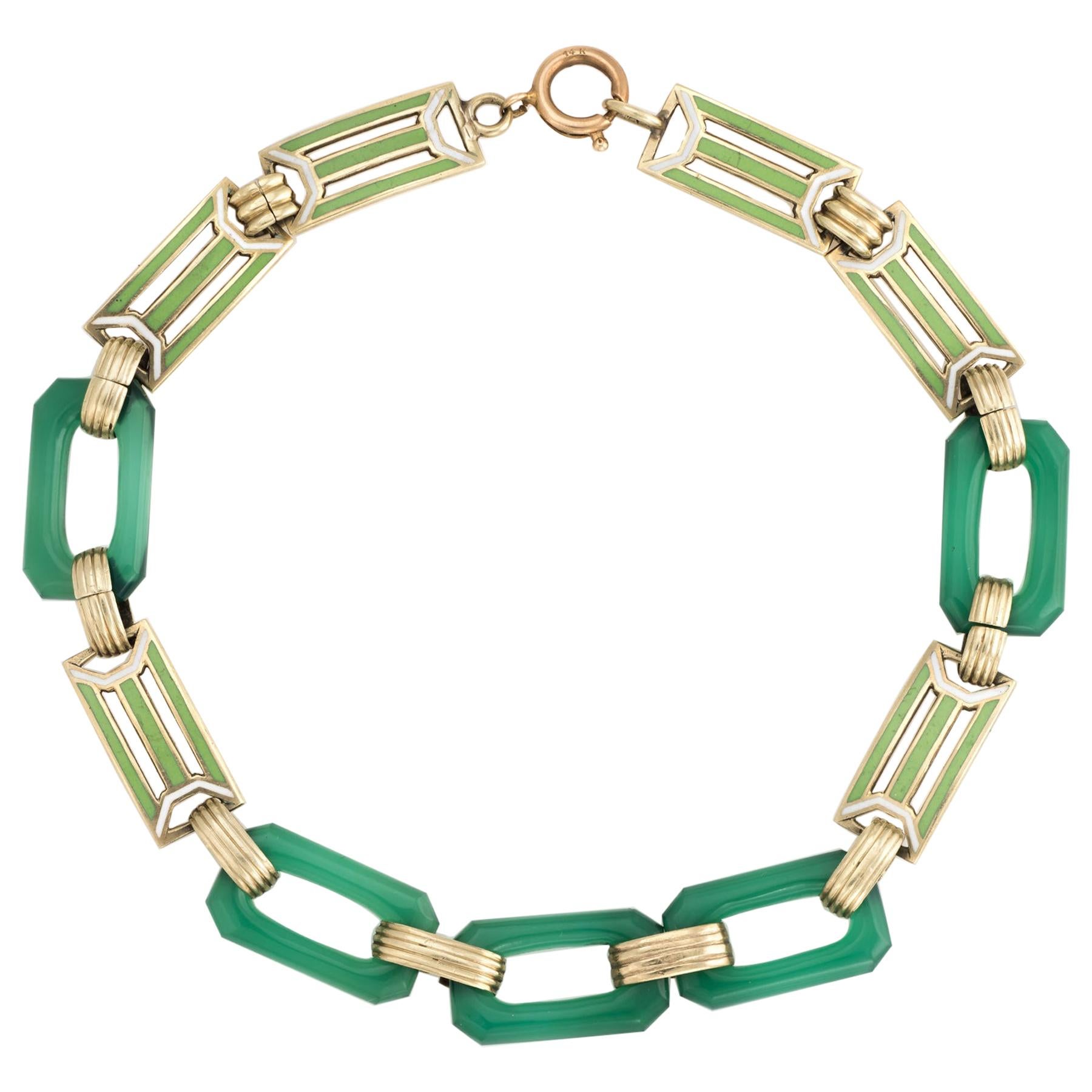 Art Deco Enamel Bracelet Chrysoprase 14 Karat Gold Green Square Links Jewelry