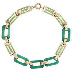 Art Deco Enamel Bracelet Chrysoprase 14 Karat Gold Green Square Links Jewelry