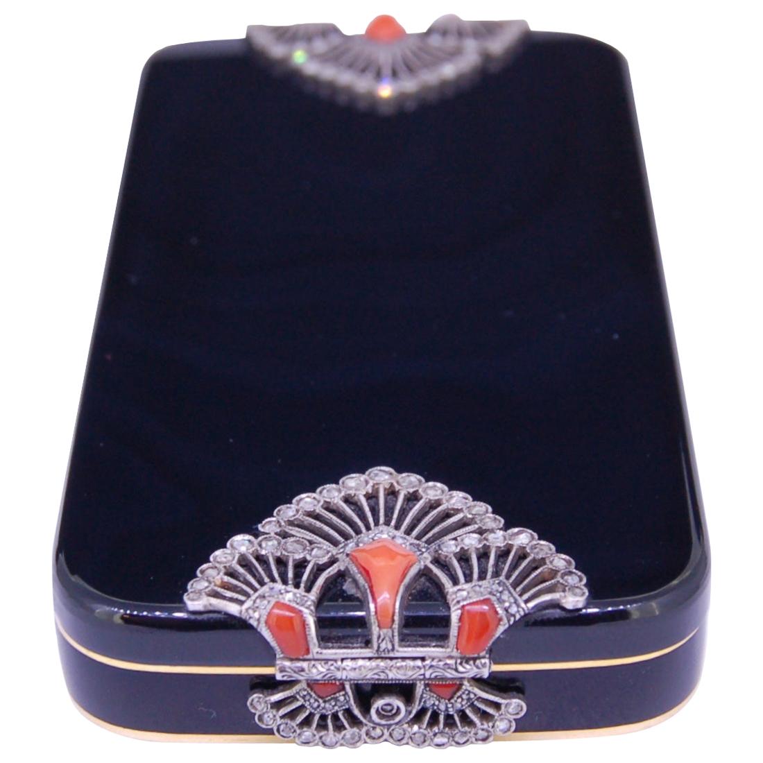 Art Deco Enamel, Diamond and Coral Power Compact For Sale