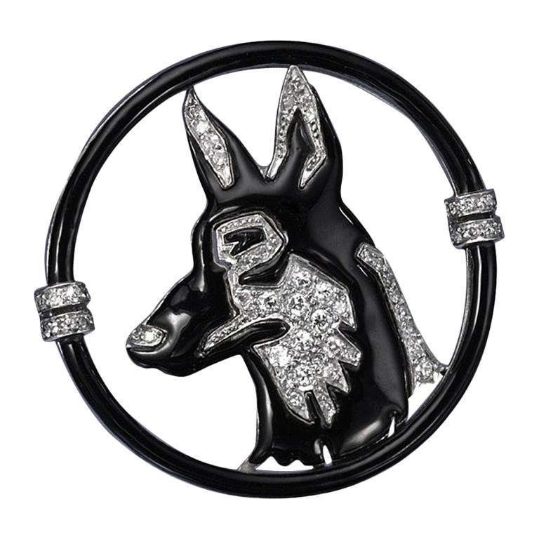 Platinum large and 18K yellow gold, Art Deco brooch  in black enamel with diamond by Black, Starr & Frost, circa 1925.  The German Shepard is well done with fine white diamonds all near colorless (H) and very very slightly included.  Large and