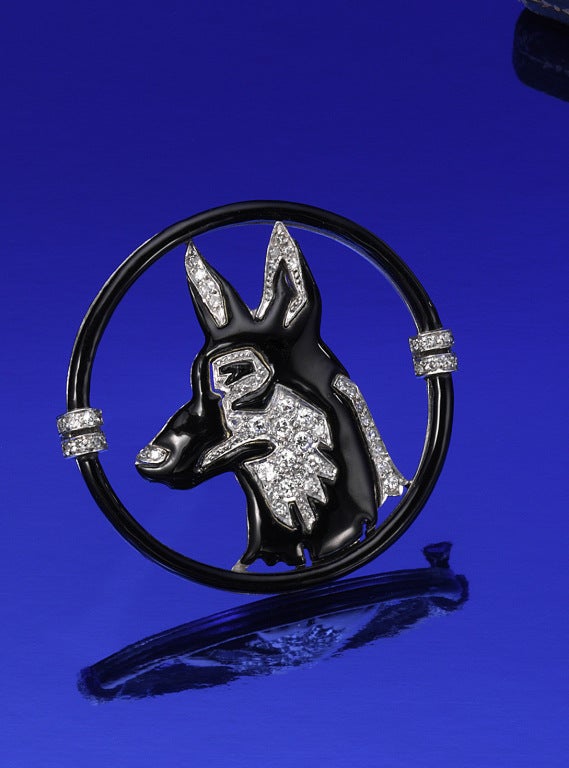 Platinum large and 18K yellow gold, Art Deco brooch  in black enamel with diamond by Black, Starr & Frost, circa 1925.  The German Shepard is well done with fine white diamonds all near colorless (H) and very very slightly included.  Large and