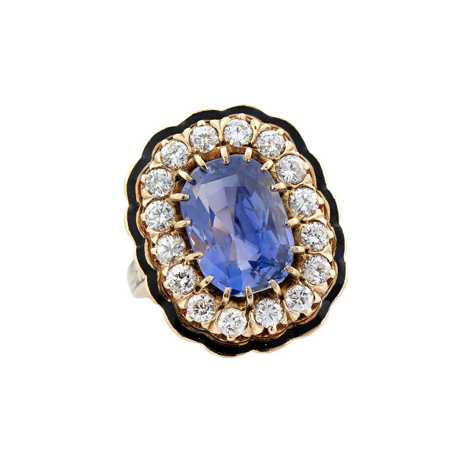 Art Deco Enamel, Diamond + No-Heat Ceylon Sapphire Ring 5.63ct Center In Good Condition In Narberth, PA