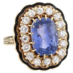 Art Deco Enamel, Diamond + No-Heat Ceylon Sapphire Ring 5.63ct Center