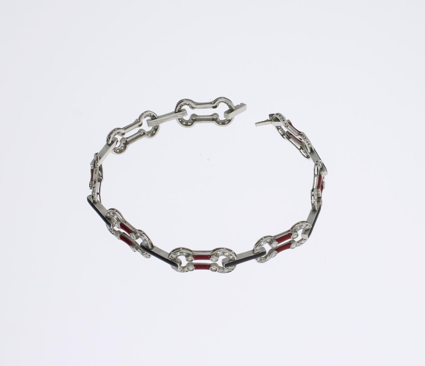 Single Cut Art Deco Enamel Diamond Platinum Link Bracelet For Sale