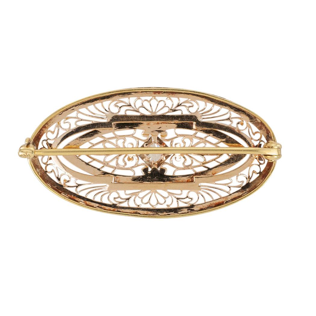 Art Deco Enamel Diamond Yellow Gold Filigree Brooch In Good Condition In Los Angeles, CA