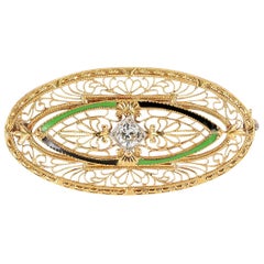 Art Deco Enamel Diamond Yellow Gold Filigree Brooch
