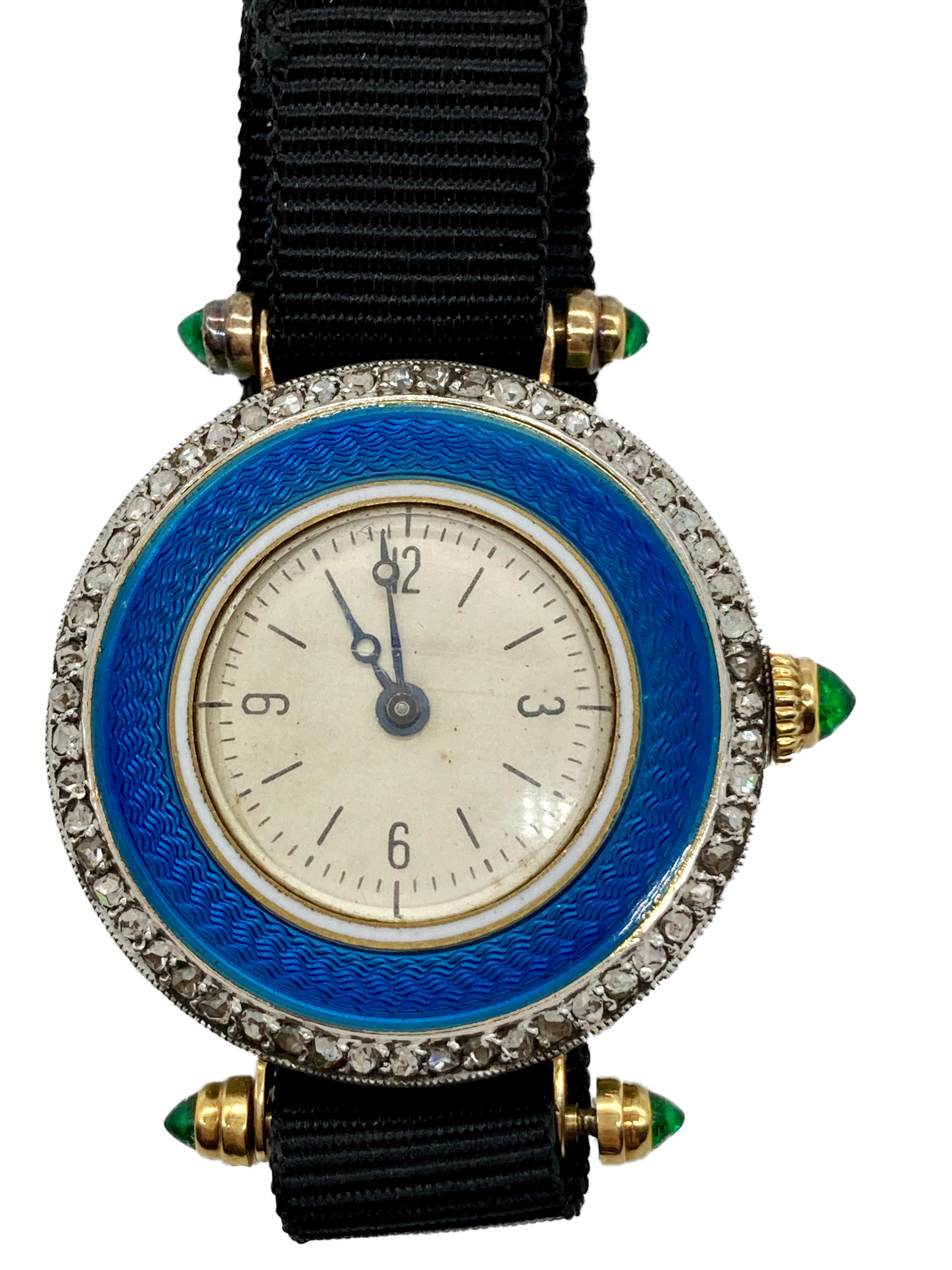 Uhr aus Emaille, Smaragd und Diamant im Art-déco-Stil (Art déco) im Angebot