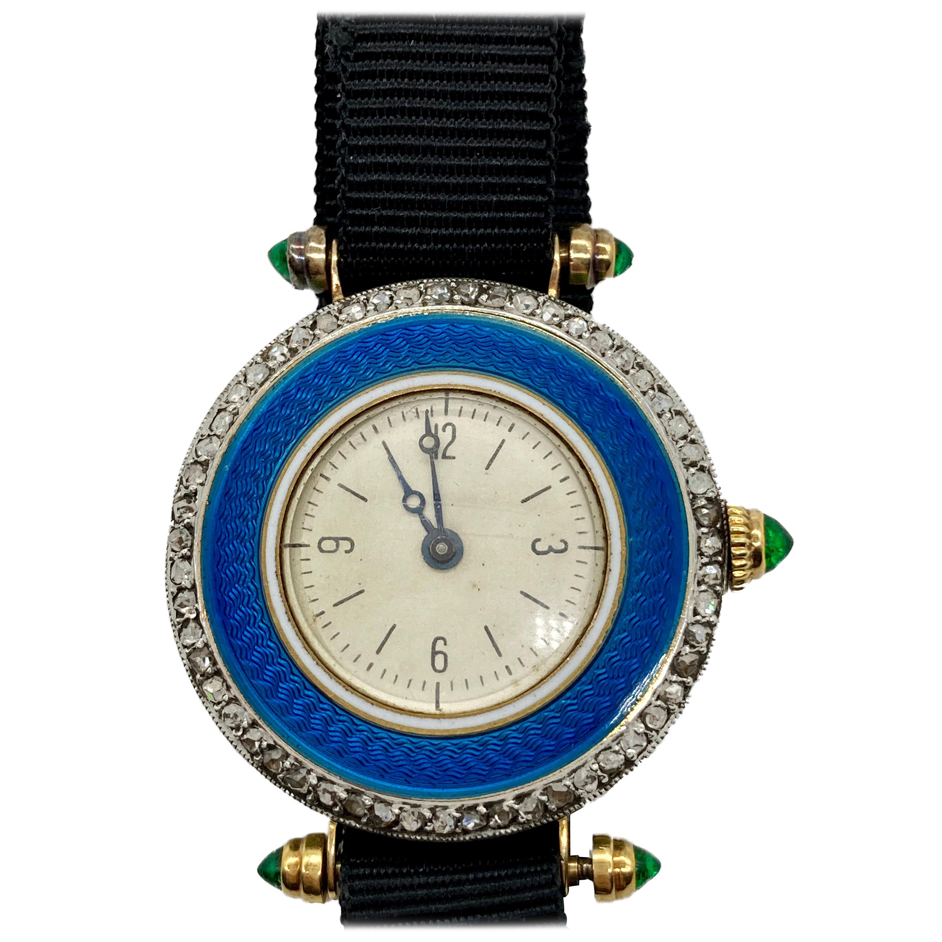 Art Deco Enamel, Emerald, and Diamond Watch For Sale