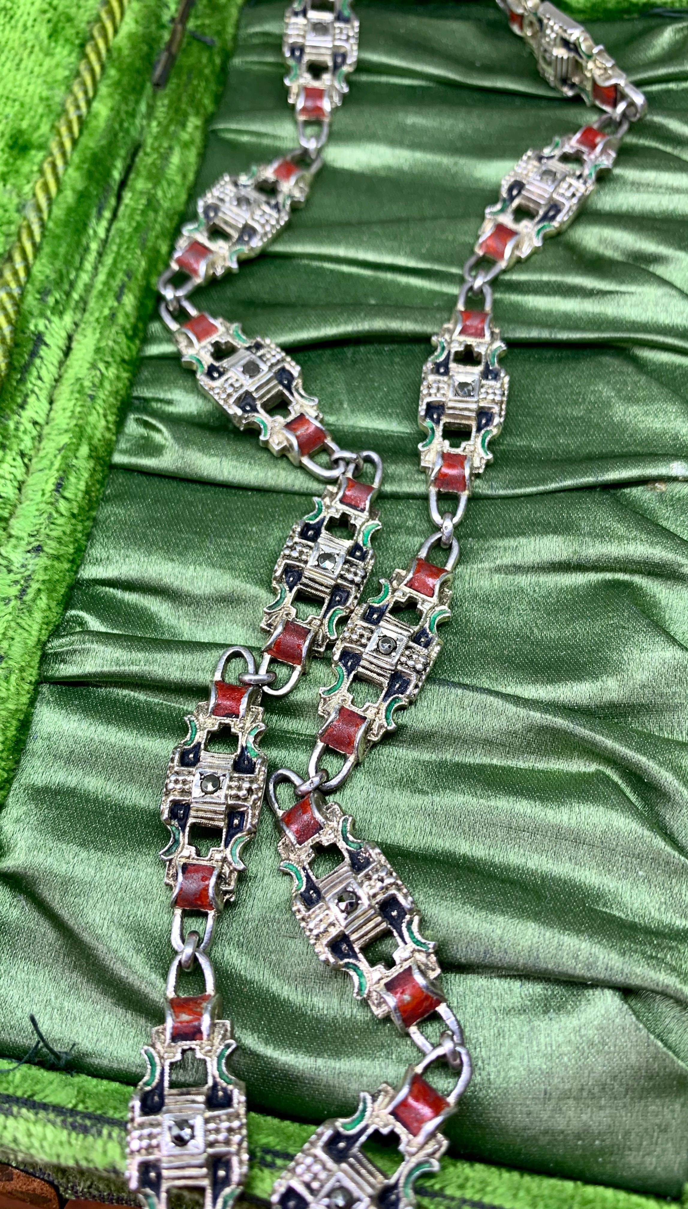 Women's Art Deco Enamel Marcasite Silver Necklace Chain Rare 1920 Red Green Black Enamel For Sale