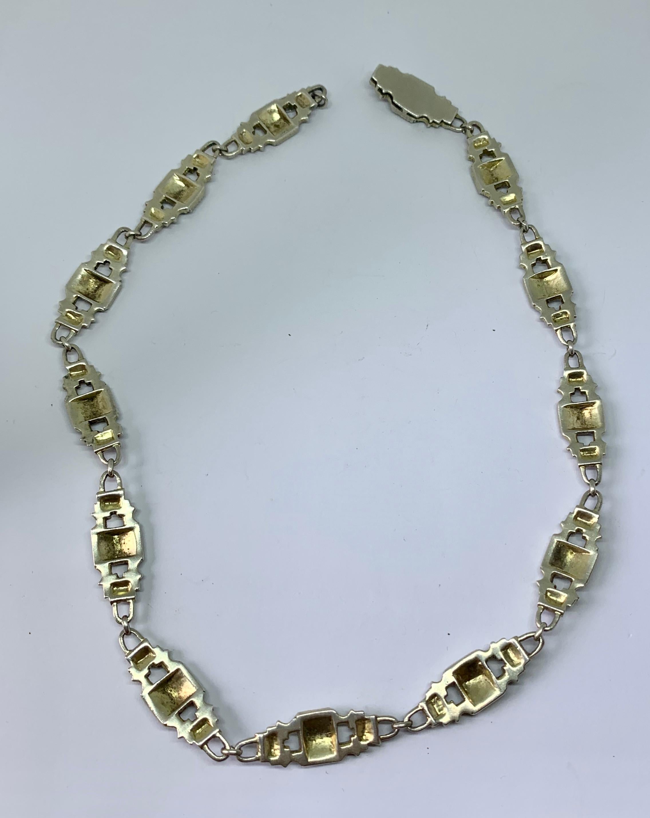 Art Deco Enamel Marcasite Silver Necklace Chain Rare 1920 Red Green Black Enamel For Sale 1