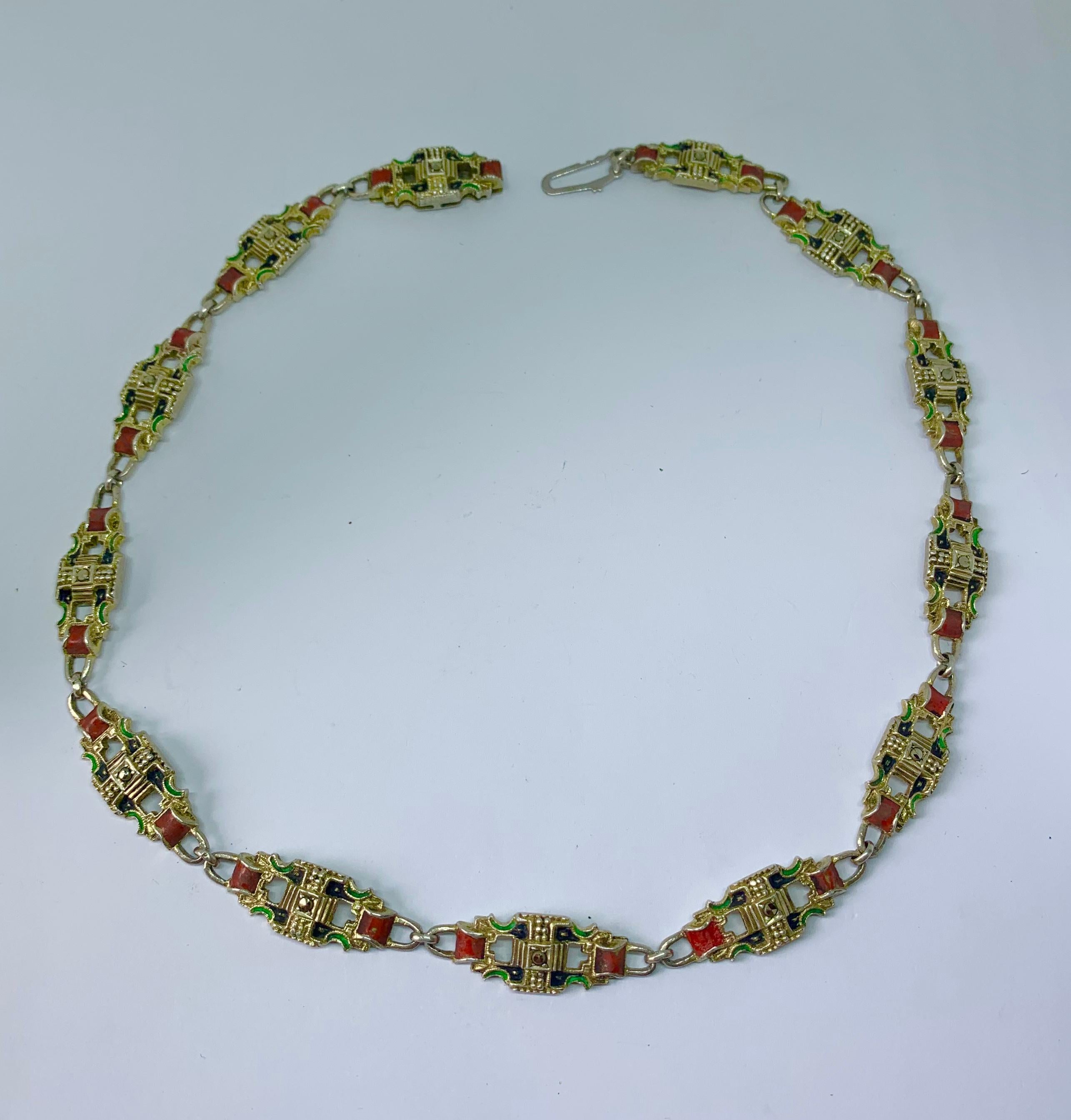 Art Deco Enamel Marcasite Silver Necklace Chain Rare 1920 Red Green Black Enamel For Sale 2