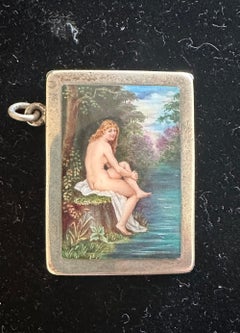 Art Deco Enamel Nude Girl Women Goddess Match Case Vesta Pendant Necklace Silver