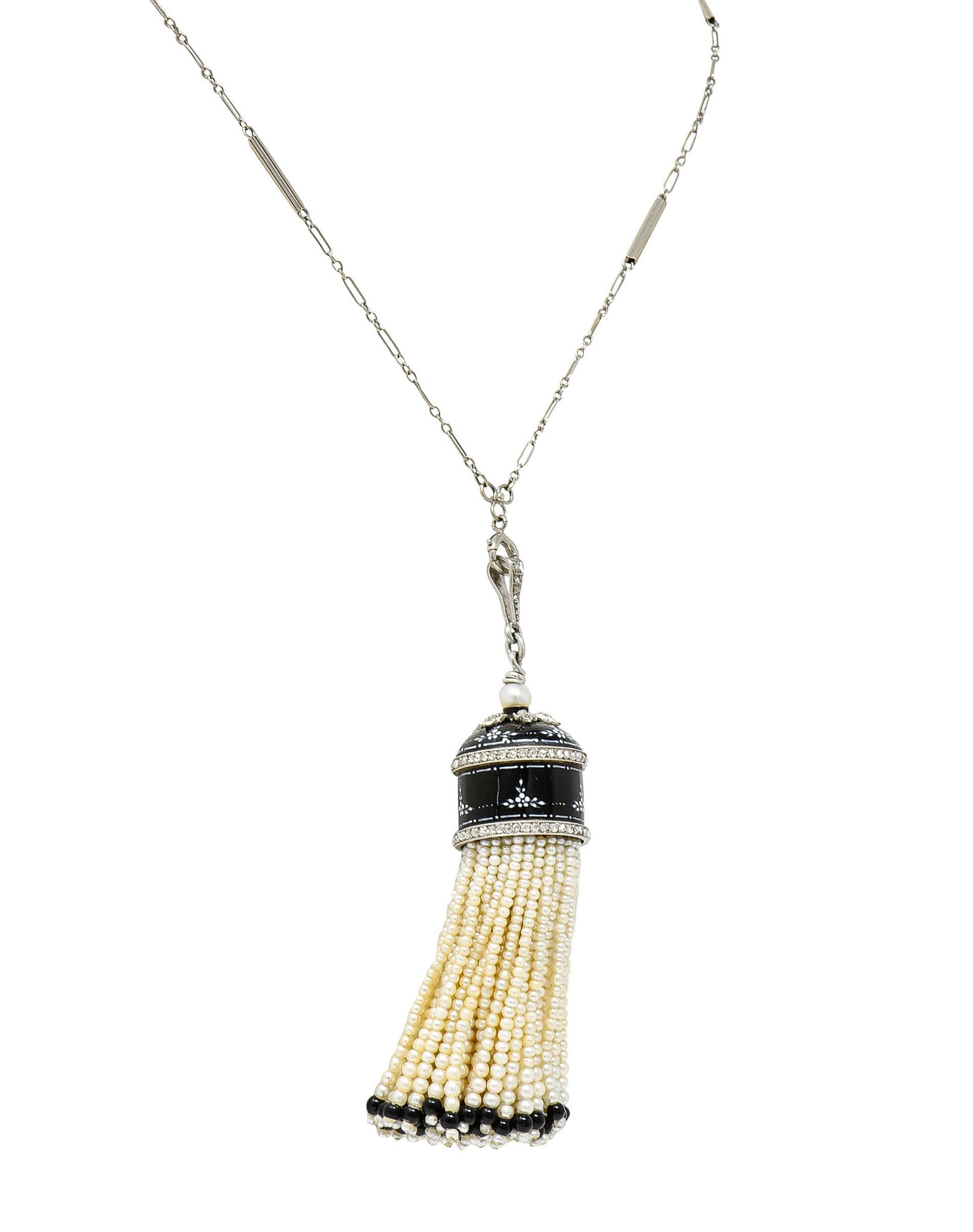 Women's or Men's Art Deco Enamel Onyx Pearl 1.23 Carats Diamond Platinum Tassel Pendant Necklace